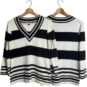 Brooks Brothers Silk Striped V-Neck Tennis Sweater Pullover Women's XS White - Picture 1 of 10