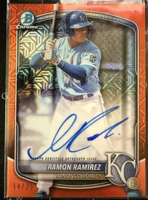2025 Bowman Chrome Autograph Ramon Ramirez Orange Mega /25 BMA-RR - Image 1 of 3