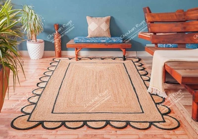 Natural Jute Hand Braided Beige Scalloped Jute Rug With Black Border Border Rug - Image 1 of 4
