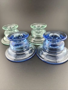 Vtg Indiana Glass “Recollection” Candle Holders Teal Green & Blue Colors 2 Sets - Picture 1 of 7