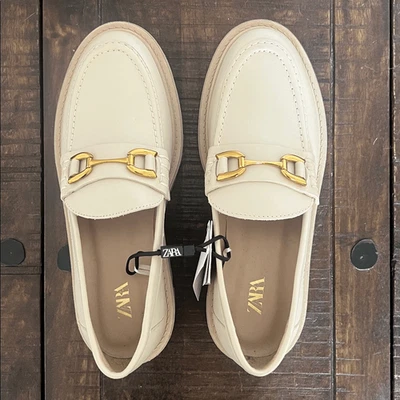 NWT Zara Buckle Horsebit Loafers White Gold Size US 8 - Image 1 of 4