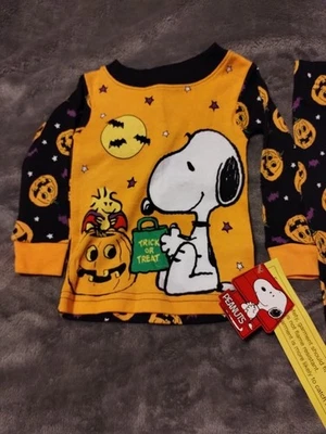 Peanuts Snoopy Хэллоуин пижамы размер 9 месяцев 2 изделия тыквы летучие мыши Woodstock - Изображение 1 из 4