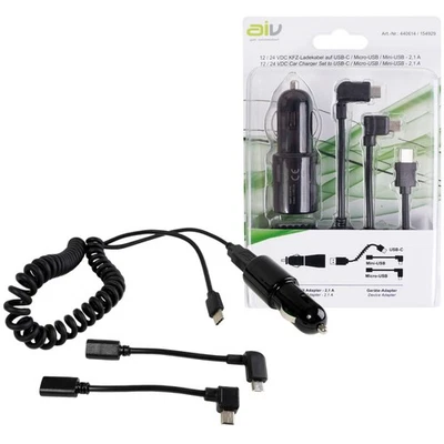AIV KFZ 12V 24V USB-C Ladekabel + Lade-Adapter Mini Micro-USB Ladegerät PKW Auto - Bild 1 von 4