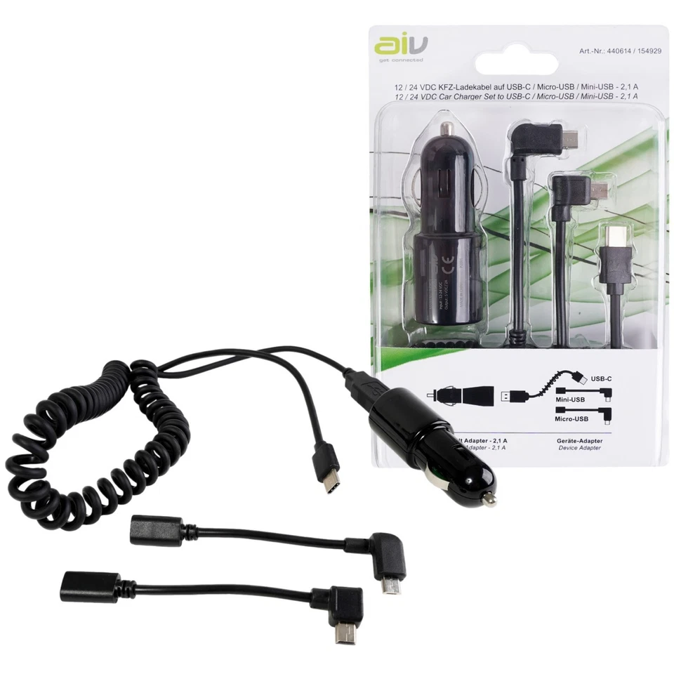 AIV KFZ 12V 24V USB-C Ladekabel + Lade-Adapter Mini Micro-USB Ladegerät PKW Auto - Bild 1 von 4