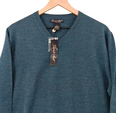 Suéter Garret Scott Para Hombres Grande Lana Merino Verde azulado Negro Cuello en V Diseñador 46x27 NUEVO Foto 1 de 4