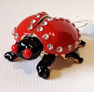 Enameled Ladybug Pill Box, New w/ Tag, Gold Tone Metal/Rhinestones, Orange/Black - Image 1 of 4