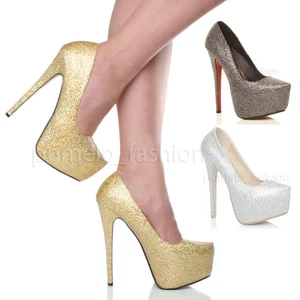 DAMEN PUMPS VERDECKTES PLATEAU GLITZER HOHER ABSATZ PARTY GRÖSSE - Bild 1 von 11