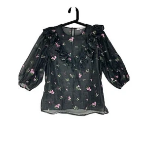 Zara Womens Small Sheer Black Top Shirt Blouse Embroidered Pink Flowers Ruffle - Picture 1 of 7