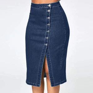 High Waisted Denim Pencil Skirt for Women - Sparkly Blue Jeans Skirts with Butto - Picture 1 of 7