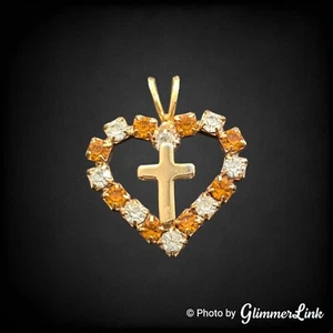 Ciondolo delicato a forma di cuore croce con strass arancioni tono oro - Foto 1 di 5