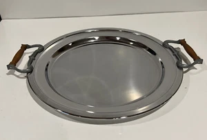 Vintage Kromex 13" Round Serving Platter Mid Century Chrome Tray Wood Handles - Picture 1 of 8