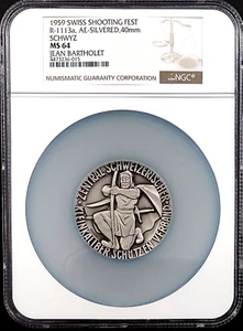 Swiss Shooting Fest Medal, R-1113a, AE-Silvered, 40 mm, Schwyz, NGC MS 64! - Picture 1 of 6