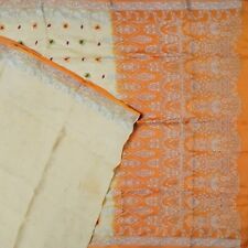 Crema Vintage Sarees 100% Pura Seda Tejido Bordado A Mano Sari 4.6m