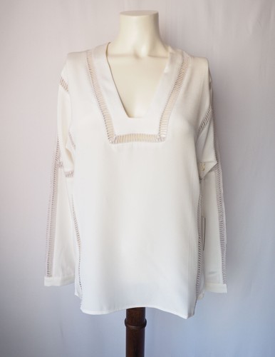 OFF WHITE Camicetta tunica ROI seta crepe aperta uncinetto maglia orlo vestibilità rilassata bianco sporco