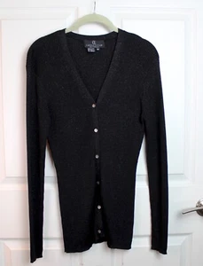 VTG Carole Little Black Silk Silver Metallic Ribbed Button V-Neck Cardigan Sz XL - Picture 1 of 4