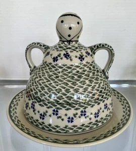 Vintage Boleslawiec Polish Pottery Domed Lady Cheese Butter Dish Blue  - Picture 1 of 9
