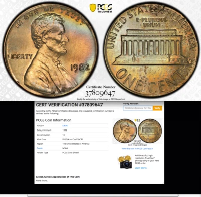 1982 PCGS MS64 Cent on 10c Planchet DOUBLE STRUCK █ Double Error █ PQ Lincoln 1c - Image 1 of 3