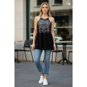 HARLEY DAVIDSON Tanktop schwarz Glitzer Schößchensaum Mesh Cut-Out L - Bild 1 von 12