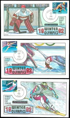 1993 COLLINS HAND PAINTED FDC, Set/5, 1992 Winter Olympic Sports, Sc. #2611-15! - Image 1 of 2