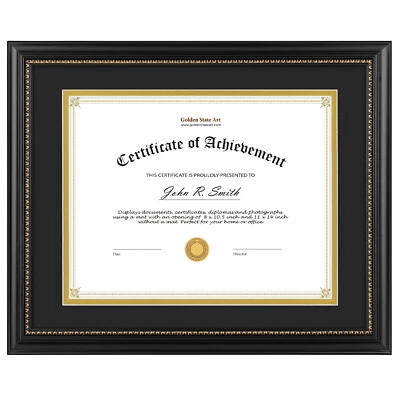 8.5x11 Diploma Frame Solid Wood Black with Gold Trim for Certificate Double Mat - Image 1 of 4
