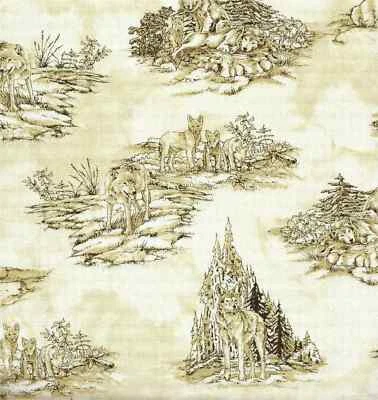 Wolf Song Scenic Wolves Nature Toile Brown Coordinate Fabric By the FQ - 1/4 YD - Image 1 of 4