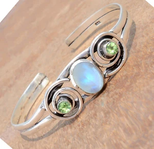 Oval Moonstone & Peridot Cut Gemstone 925 Sterling Silver Creative Cuff Bangle - Picture 1 of 9