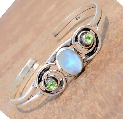 Oval Moonstone & Peridot Cut Gemstone 925 Sterling Silver Creative Cuff Bangle - Image 1 of 4