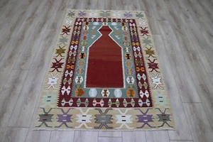 Alfombra roja vintage 4x6 alfombra turca anudada a mano tribal Kelim Oushak étnica Kelim - Imagen 1 de 10