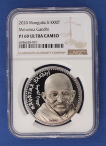 2020 Mongolia 1oz Silver Proof coin "Mahatma Gandhi" NGC PF69 with Case & COA - Picture 1 of 4