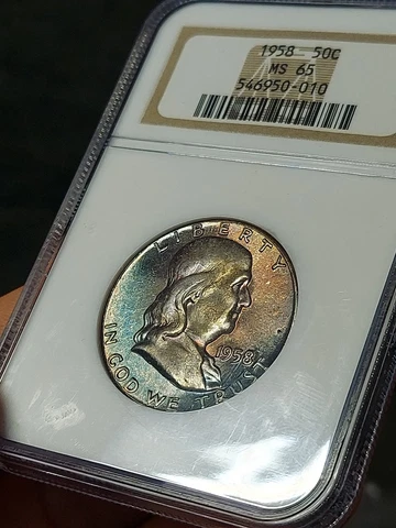 👉  1958-Franklin Half Dollar PCGS MS65 GEM Both Side Rainbow  Toning STUNNING Cover