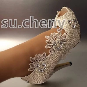 Zapatos de novia su.cheny Peep toe 3"" 4"" tacones satén blanco marfil arco encaje boda zapatos - Imagen 1 de 17
