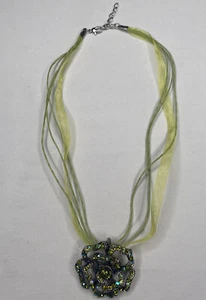 Premier Designs Sage Blossom Green Crystal Rhinestone Flower Ribbon Necklace - Picture 1 of 4