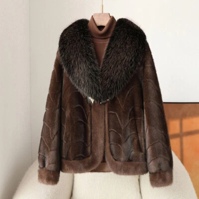 Winter Mink Fur Coat Women's Big Fox Fur Collar Thicken Warm Short Party Jackets - Image 1 of 4