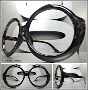 Womens Oversized Retro Style Round Black Lensless Eye Glasses Frame Only NO Lens - Picture 1 of 7
