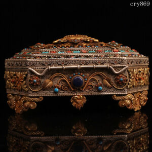 collection Tibet old antique Tibetan Silver Inlaid with gems Gilding Jewelry box