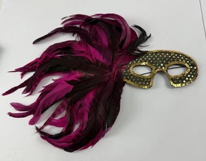 Hot Pink & Black Side Feathers Face Mask Mardi Gras Masquerade Gold Sequin Mask - Picture 1 of 4