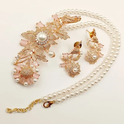 Cuarzo Rosa-Colgante de Perlas Hoja de Pasador Joyería Victoriana Chapado en Blanco Minimalista Foto 1 de 4