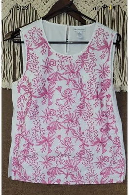 Liz Claiborne SZ XL sleeveless top Cotton Embroidered Pink Flowers Pre Owed - Image 1 of 4