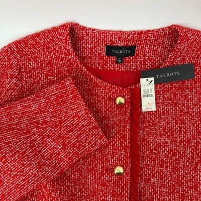 Talbots Red White Tweed Blazer Jacket Fringed Trim Gold Buttons Size 16 - Image 1 of 4