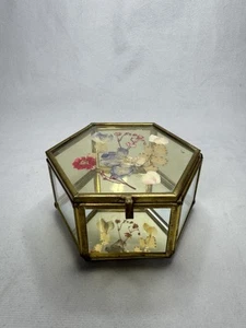 Vintage Mirrored Brass & Glass Floral Lid Trinket Jewelry Box Hexagon - Picture 1 of 7