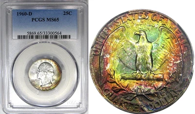 1960-D 25C PCGS MS65 WASHINGTON ~ COR NEON PERVERSA! - Imagem 1 de 4