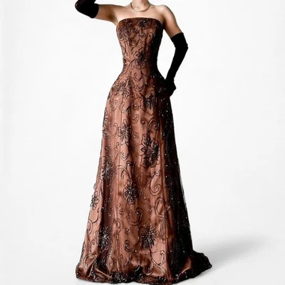 Vintage Brown Floral Beaded Strapless Fit Flared Mesh Maxi Formal Prom Dress M - Image 1 of 4