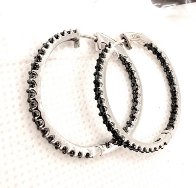 925 Sterling Silver Earrings Real Round-Cut Black Spinel In & Out Hoop - Image 1 of 4