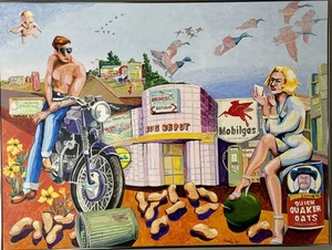 Bus Depot “Stop Over” Surreal Acrylic Painting By Rik Rene Gwin 1997 Mobilgas - Picture 1 of 13
