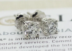 GIA Certified 18k White Gold 0.62ct I/SI2 J/VS2 Diamond Screwback Earrings - Picture 1 of 11