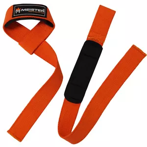 MEISTER WEIGHT LIFTING STRAPS - ORANGE - NEOPRENE-PADDED Wrist Pads NO-SLIP PAIR - Picture 1 of 2
