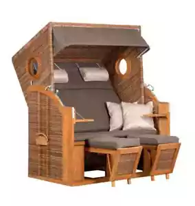 Exclusiver Strandkorb Holz Teak mit 2 Bullaugen und 2 Klapptische 2 Kissen - Bild 1 von 5
