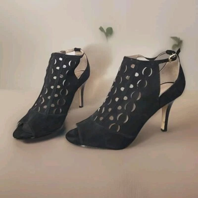 Sandalia Adrienne Vittadini Grins Cuero Negro Gamuza 4" Tacón Talla 10M Punta Abierta Foto 1 de 4