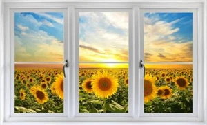 WindowScape Sunflower Field Sunset #1 3D Window Wall Decal Vinyl Wall Sticker - Picture 1 of 4