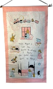 Vtg Child's Prayer Linen Wall Decor Nursery Baby Pink 16”x28” Praying Children - Picture 1 of 8